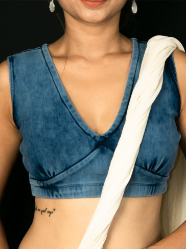 Denim Stretch Sleeveless Saree Blouse with underbust gathers