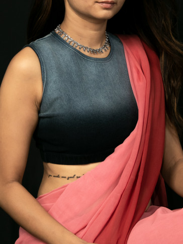 Denim Stretch Crew Neck Blouse/Crop Top in Denim